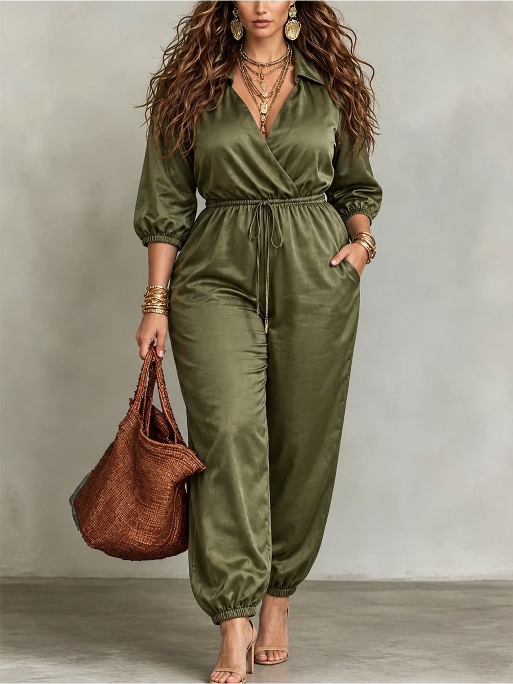 Ashley Stewart Olive Satin-Feel Drawstring Waist Jumpsuit